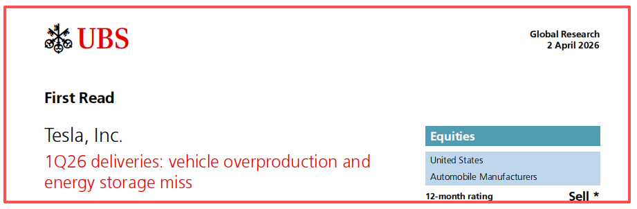 26Q1交付不及预期,三家卖方研报下调特斯拉,是转空,还是要便宜筹码?