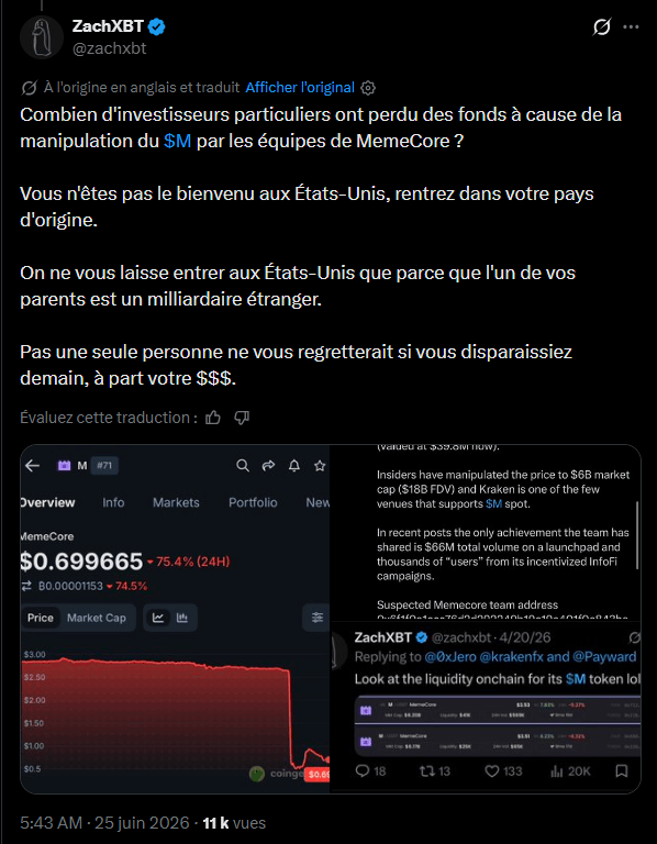 MemeCore s’effondre de 75 % : Des milliards de dollars envolés en un instant image 1