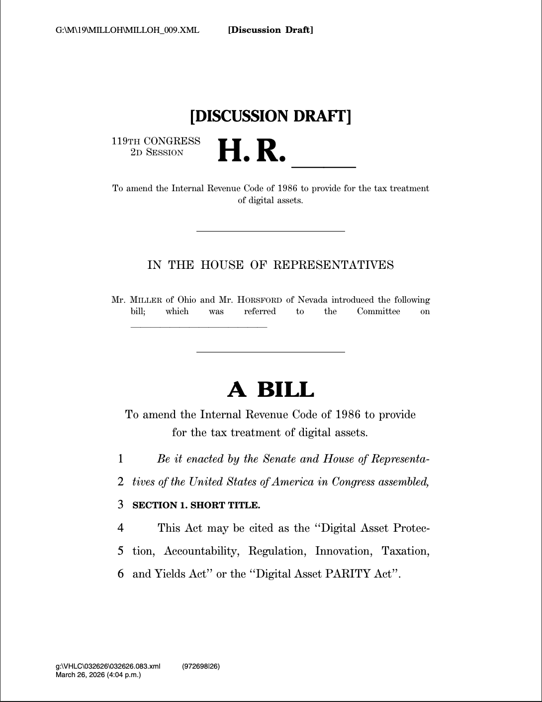 Legisladores estadounidenses publican propuesta de impuesto cripto sin exención fiscal para Bitcoin