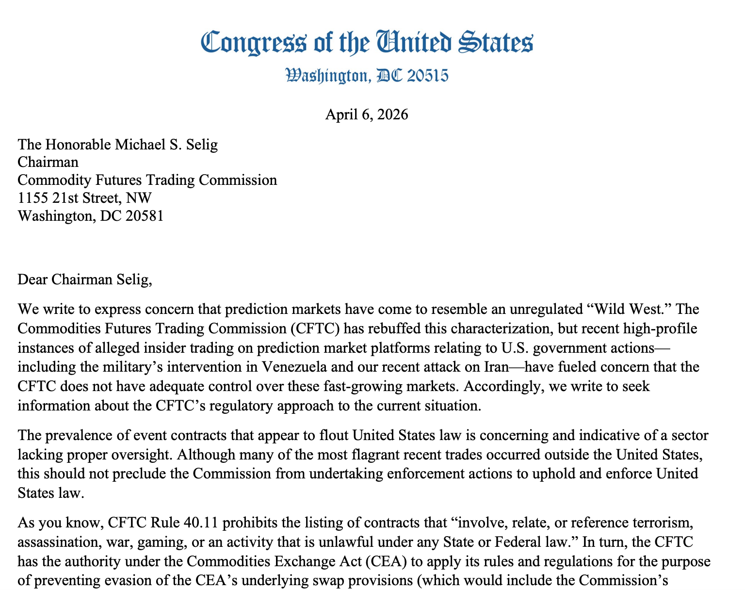 Democrats question CFTC chair on insider trading in prediction markets