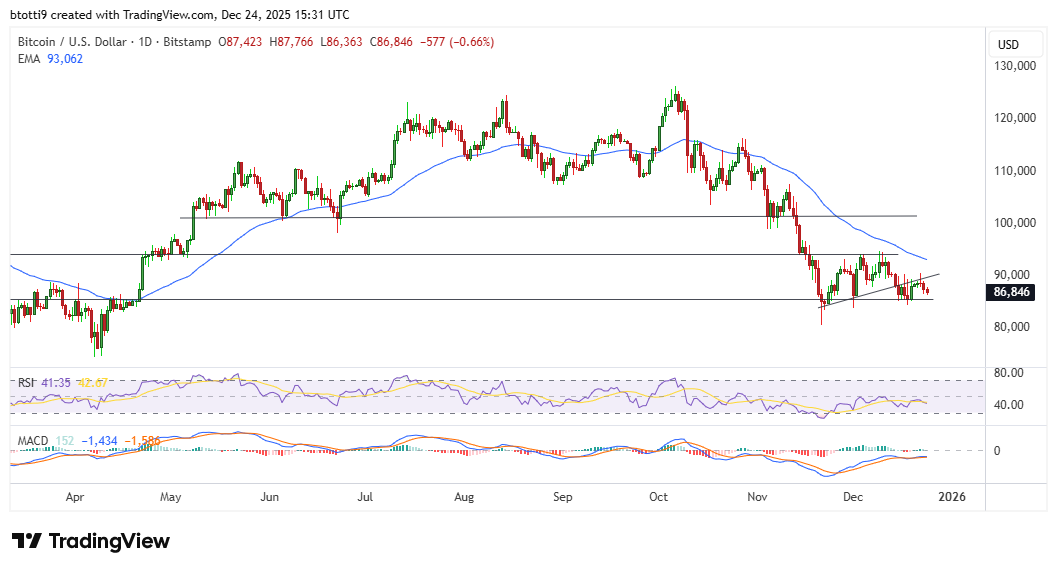 Bitcoin stalls near $87,000 amid muted institutional participation