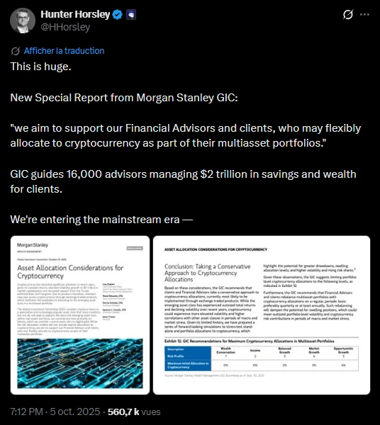 Bitcoin et crypto : Morgan Stanley fixe la dose à 4 % dans ses portefeuilles les plus offensifs image 1