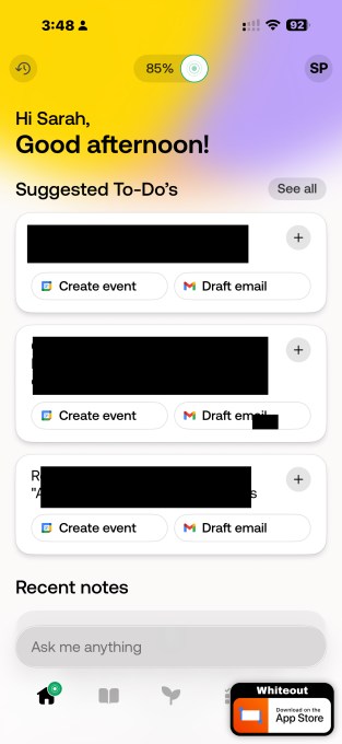 Bee screenshot with redacted personal data