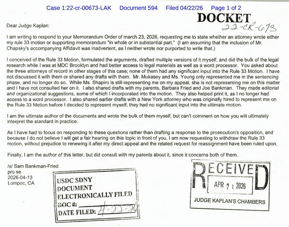 Sam Bankman-Fried pulls motion for a new trial, still asks for new judge