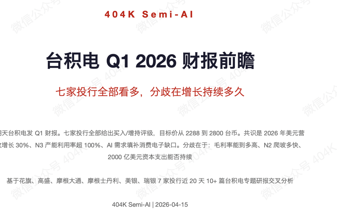 台积电 Q1 2026 财报前瞻 — 七家投行全部看多，分歧在增长持续多久 image 1