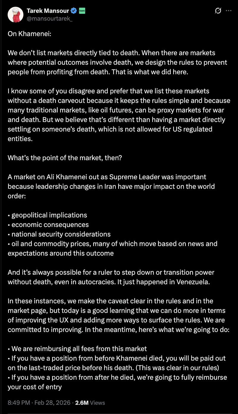 Kalshi founder provides update on Iran's Khamenei market carveout