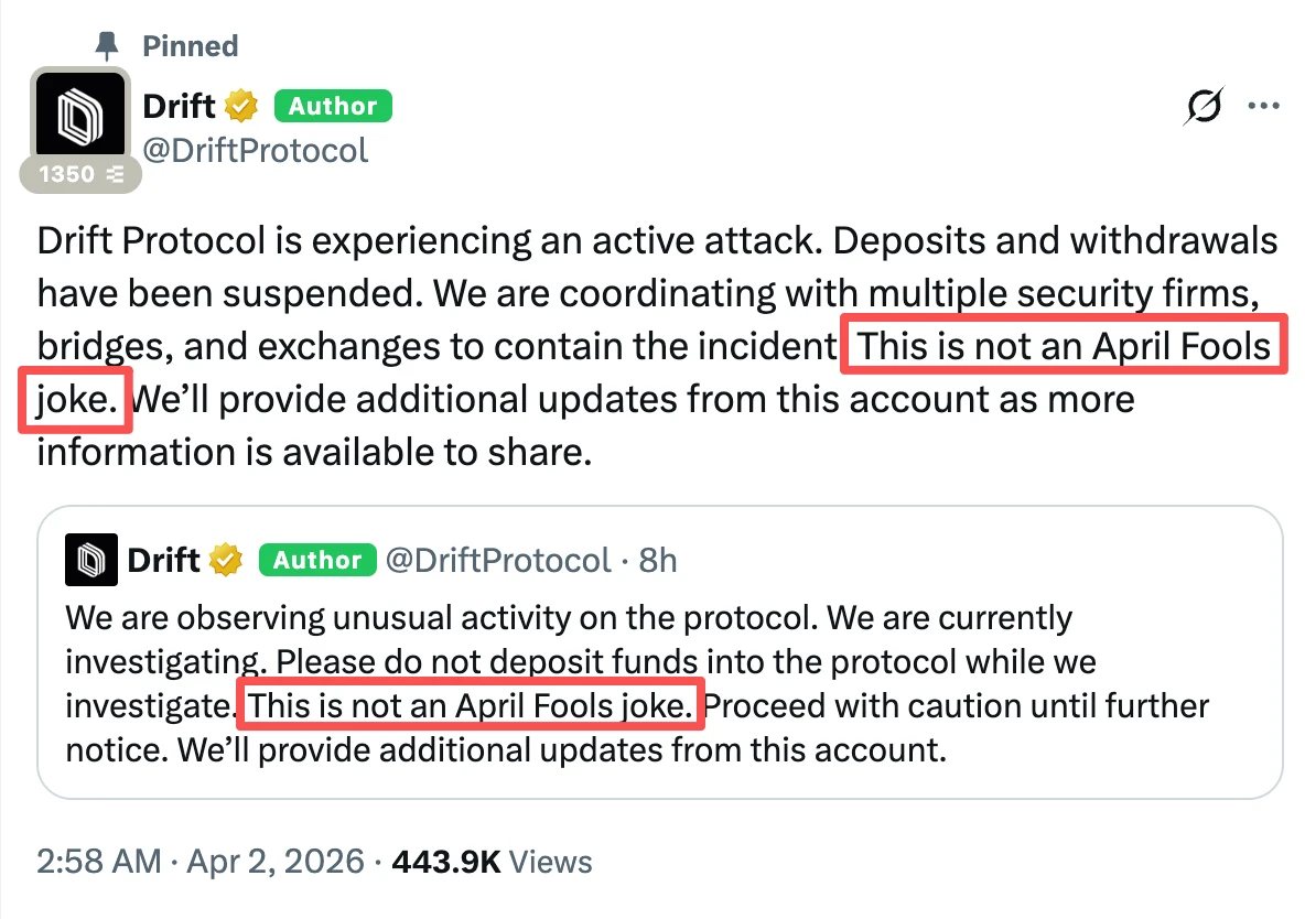 愚人节笑话? Drift Protocol 被盗超 2.8 亿美元,或成 Solana 生态第二大 DeFi 劫案 image 0