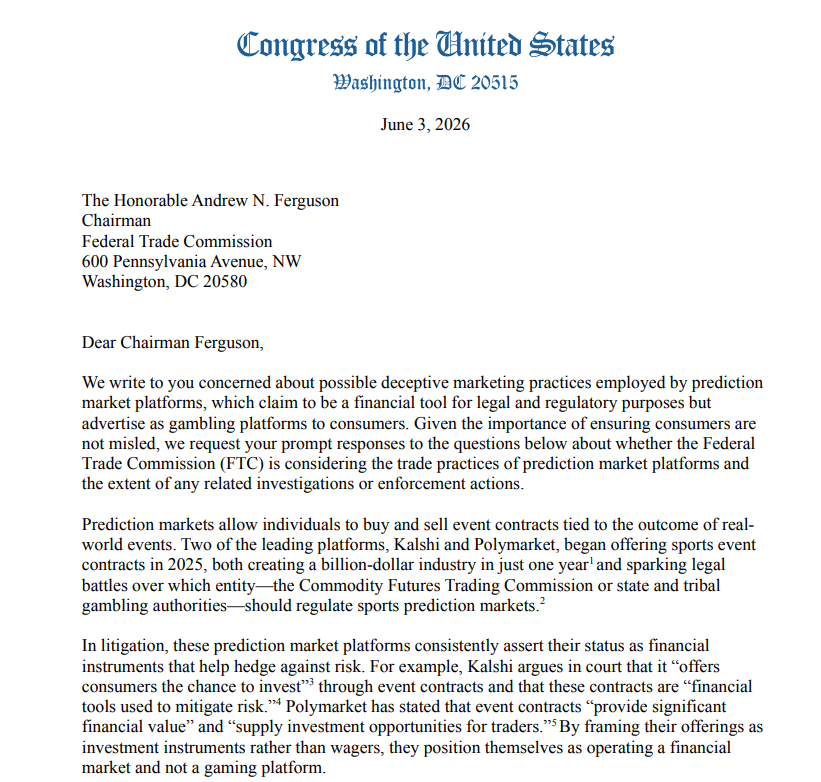 US House Democrats call for FTC probe into prediction markets