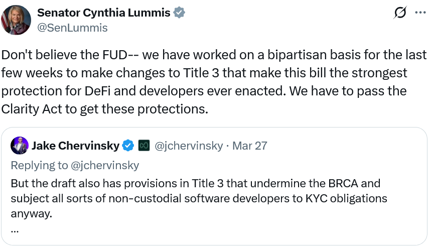 Lummis dice que la CLARITY Act brindará las protecciones más sólidas para los desarrolladores