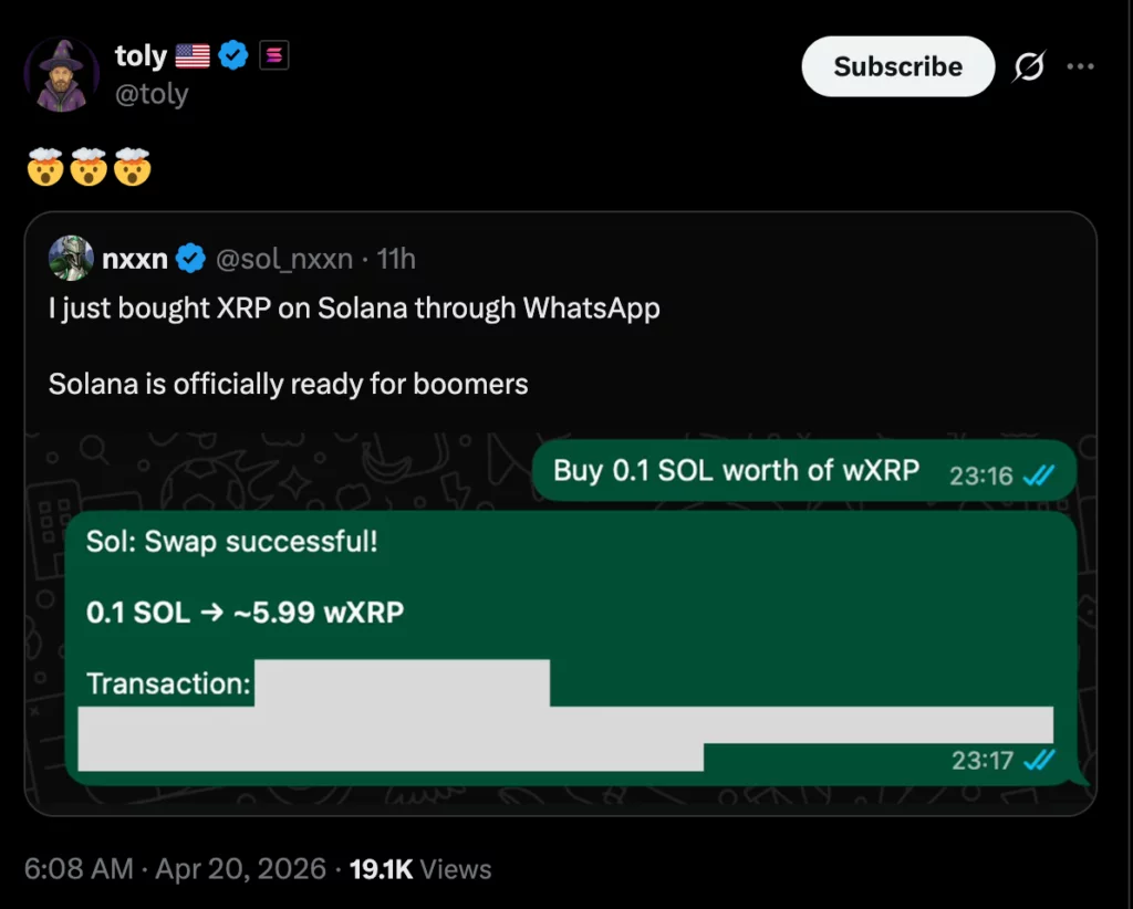  XRP trading goes live on WhatsApp after Solana integration 