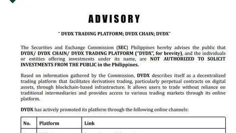 Philippines SEC warns on dYdX, six other unauthorized crypto platforms
