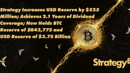 Strategy Boosts USD Reserve to $3.75B After $525M Raise While Holding 843,775 BTC