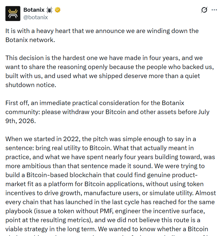 Botanix to shut down after four years, cites weak demand for Bitcoin DeFi