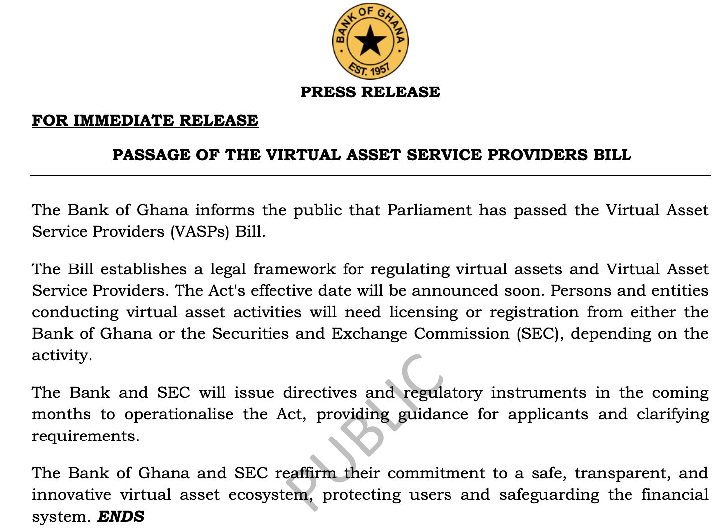 Ghana verabschiedet Gesetz über virtuelle Vermögenswerte und legalisiert Krypto unter Aufsicht der Zentralbank