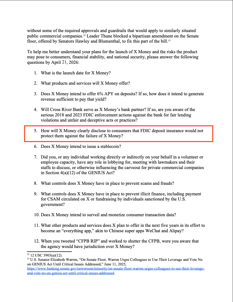 Senator Elizabeth Warren questions Elon Musk about X Money