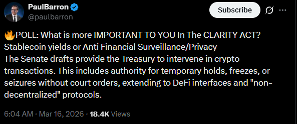 استطلاع قانون CLARITY Act يُظهر أن مستخدمي العملات الرقمية يُفضلون الخصوصية على أرباح العملات المستقرة