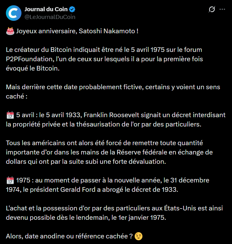 Bitcoin et Satoshi Nakamoto : La date du 5 avril n’est pas un jour comme les autres image 0