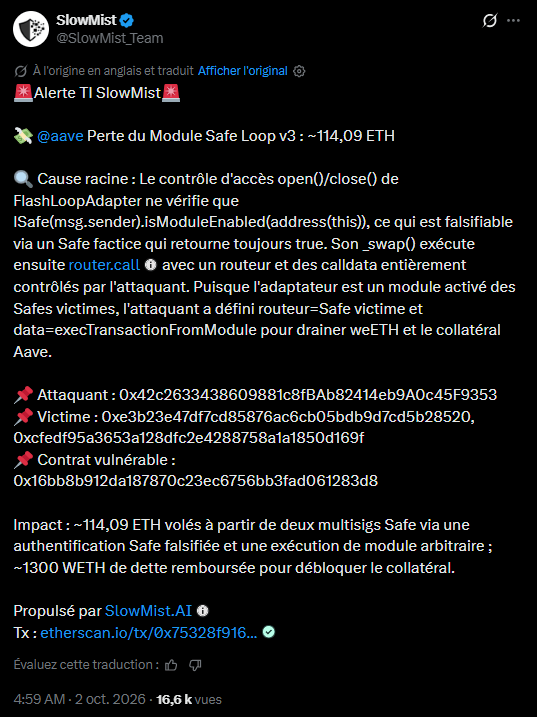 Crypto : 114 ETH disparaissent, mais la faille ne venait pas d’Aave image 1
