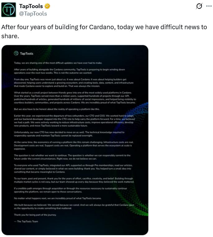 Cardano’s TapTools to wind down after 5 execs exit