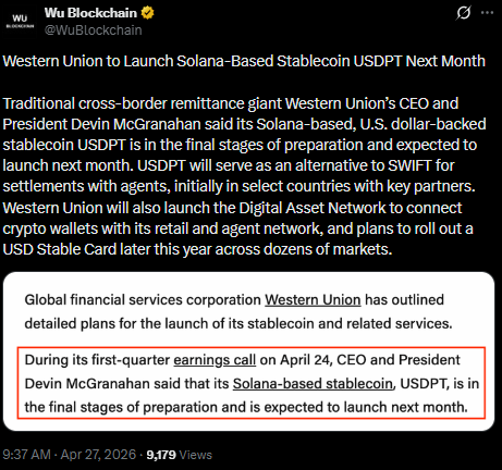أخبار العملات المستقرة ويسترن يونيون تطلق USDPT المستند إلى سولانا كبديل لـ SWIFT