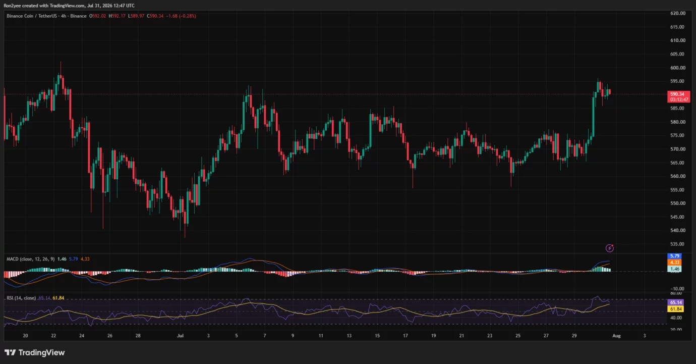 BNB price jumps 5% but stalls below $600