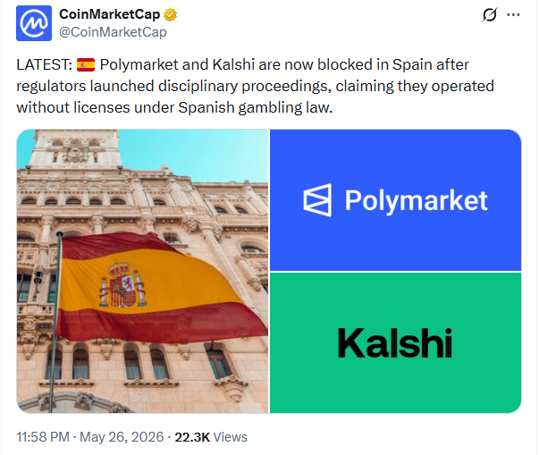Spain Blocks Polymarket and Kalshi as Global Crackdown Widens
