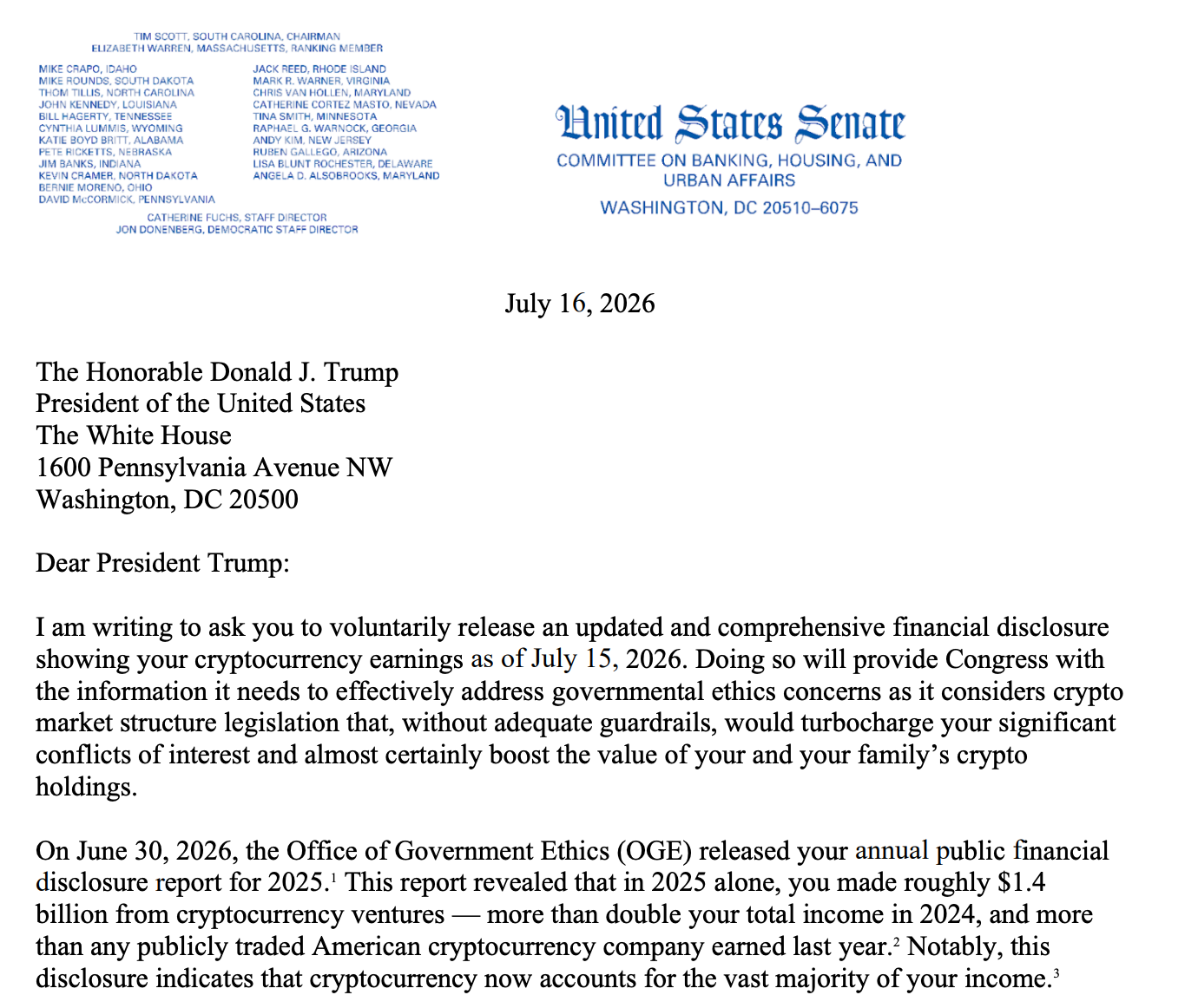 Senator Warren requests 2026 reporting for Trump’s crypto earnings after $1.4B disclosure