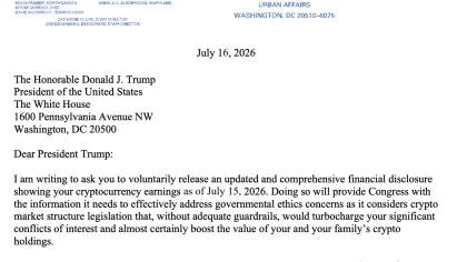 Senator Warren requests 2026 reporting for Trump’s crypto earnings after $1.4B disclosure