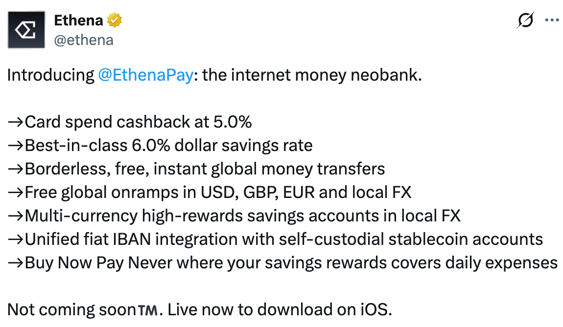 Ethena launches USDe payments app, offers 6% rewards image 0