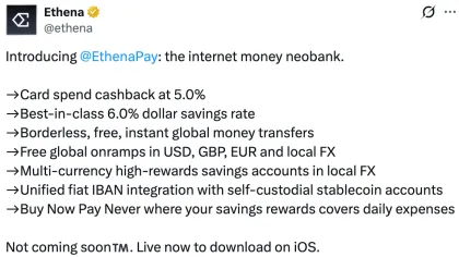 Ethena launches USDe payments app, offers 6% rewards
