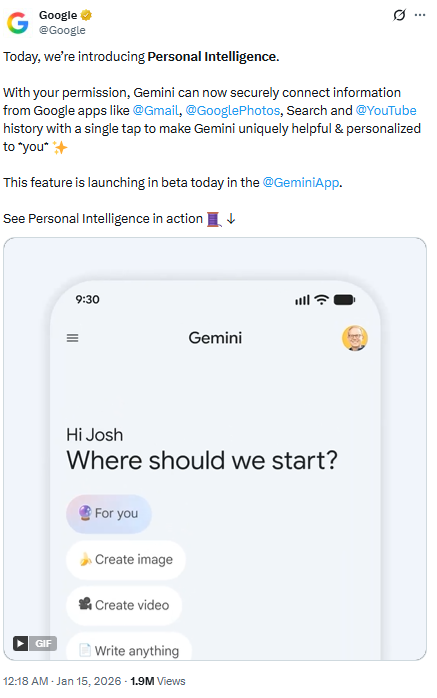 Gemini重大更新:能翻邮件能查搜索记录,AI开始记住你的一切