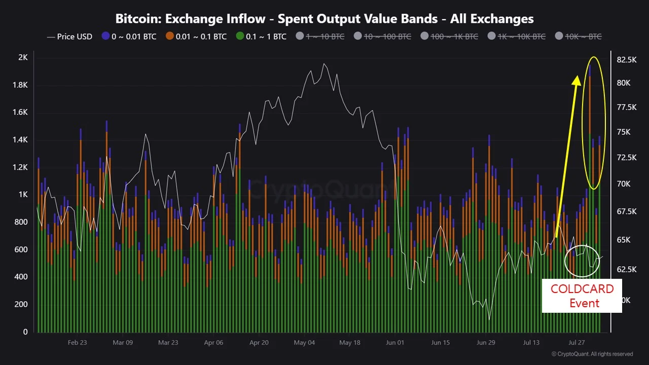 Coldcard Exploit Drives Retail Bitcoin Exchange Inflows as Whales Stay Put