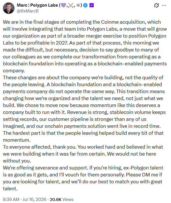 Polygon Labs announces second round of 2026 layoffs as it targets profitability in 2027 image 0