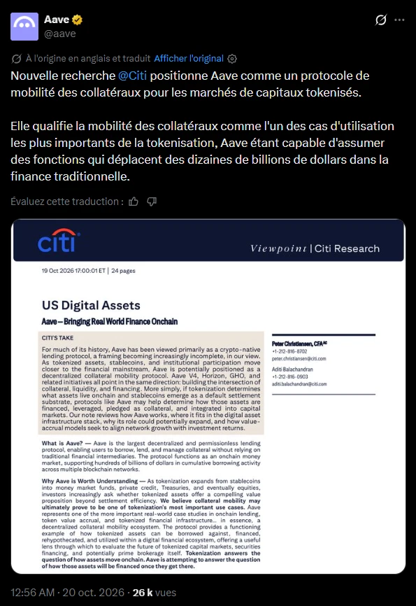 Tokenisation : Citi voit dans Aave un acteur clé du financement sur blockchain image 1