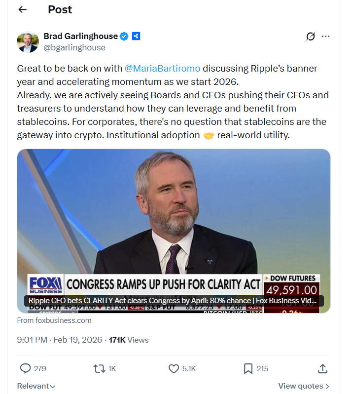 الرئيس التنفيذي لشركة Ripple: قانون CLARITY Act الأمريكي لديه فرصة بنسبة 90% لتمريره image 0