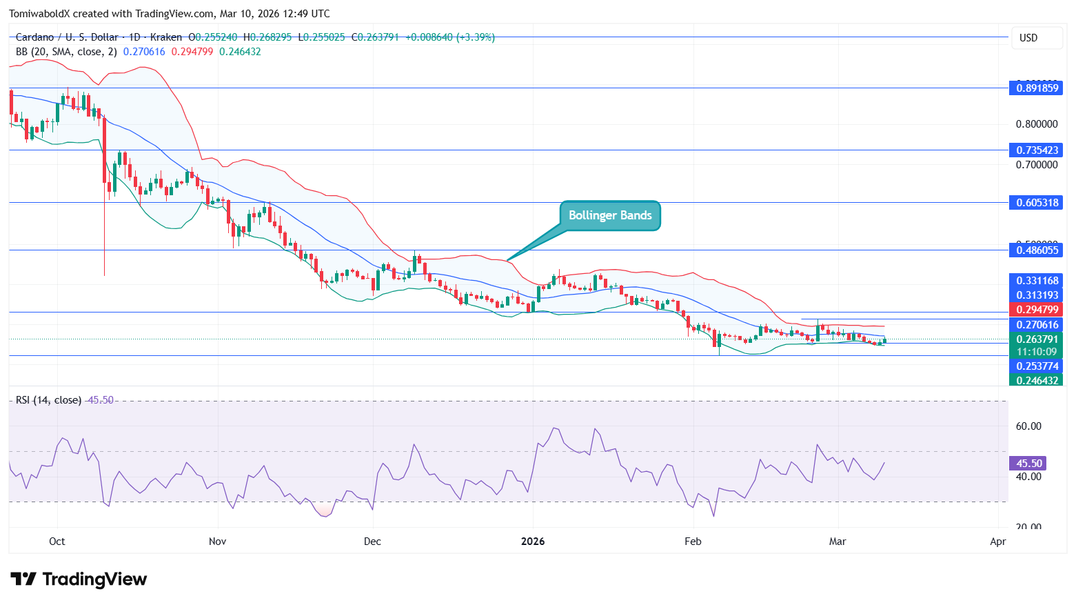 Cardano at Key Price Juncture as Bollinger Bands Tighten, Where to Next? image 2