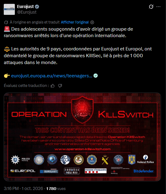 Crypto et ransomware : Europol arrête le chef présumé de KillSec, âgé de seulement 16 ans image 1