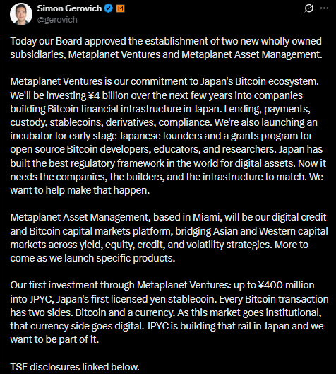 أخبار البيتكوين: Metaplanet تكشف عن شركتين فرعيتين وتستثمر في JPYC image 0