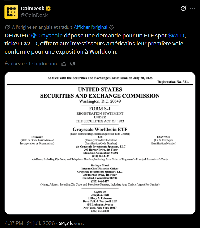 Grayscale veut un ETF Worldcoin, mais 100 wallets concentrent 90 % des WLD image 1