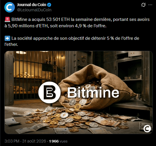 Ethereum : BitMine investit 215 millions de dollars en deux semaines image 1