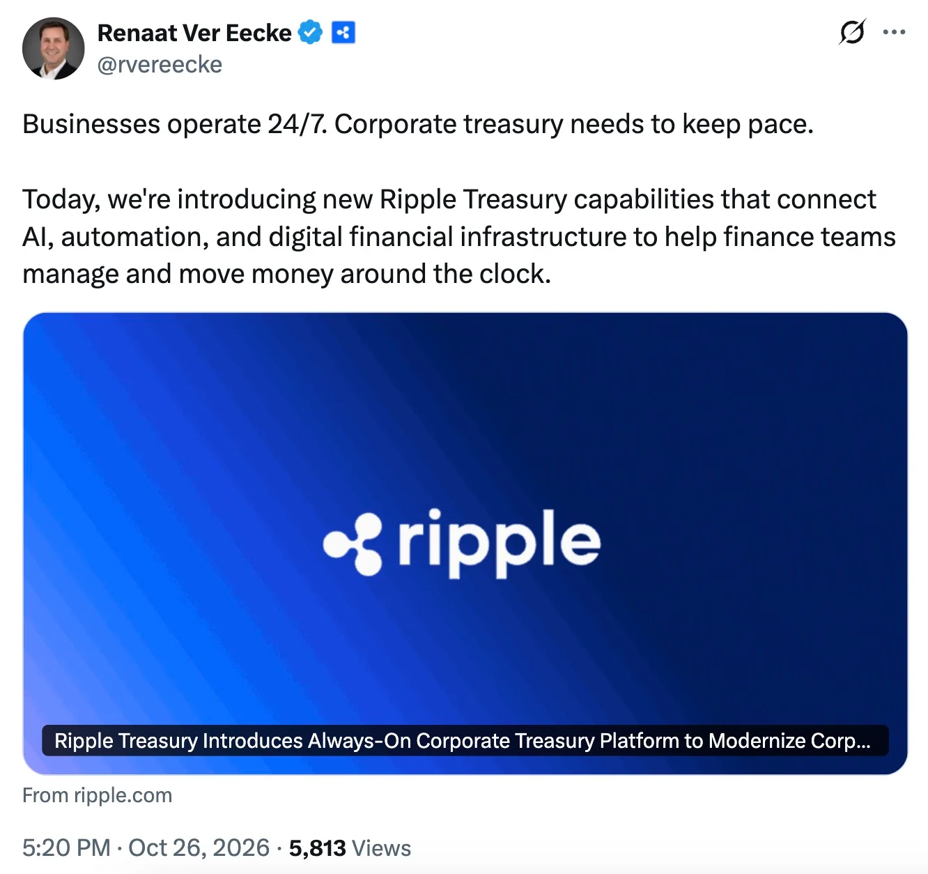 Ripple Treasury SVP Unveils Always-On AI Treasury: What It Means for XRP Ecosystem image 0