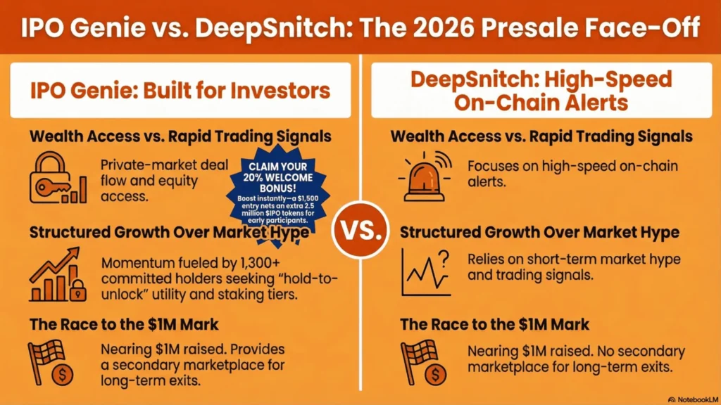 New Crypto Presale 2026 Face-Off: IPO Genie vs DeepSnitch AI as $1M Raise Nears image 1