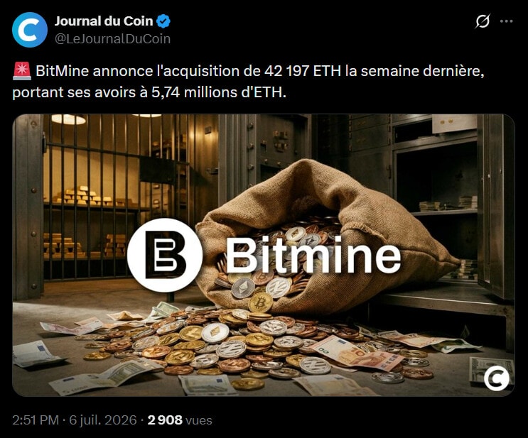 Bitmine ajoute 42 000 ETH à son trésor de guerre pendant que Strategy vend du Bitcoin image 1