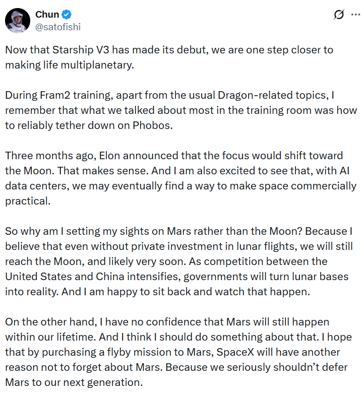 Crypto entrepreneur Chun Wang joins SpaceX mission to Mars