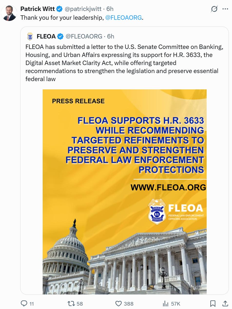 CLARITY Act gains second law enforcement endorsement before Senate push