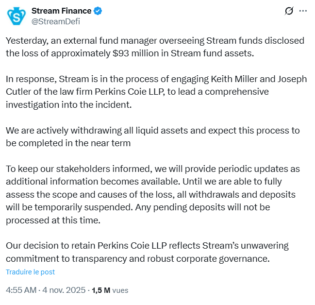 La perte de 93 millions $ de Stream Finance pourrait exposer jusqu’à 285 millions $ dans la DeFi image 1