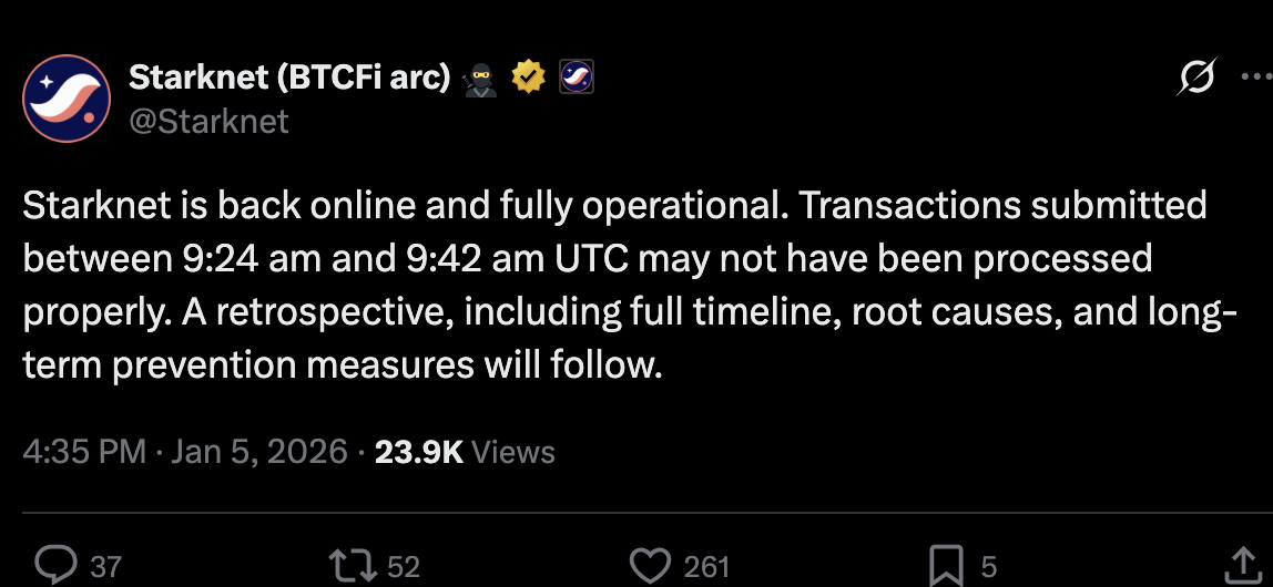 Starknet Mainnet Halts Blocks, Restores After Sequencer Fix