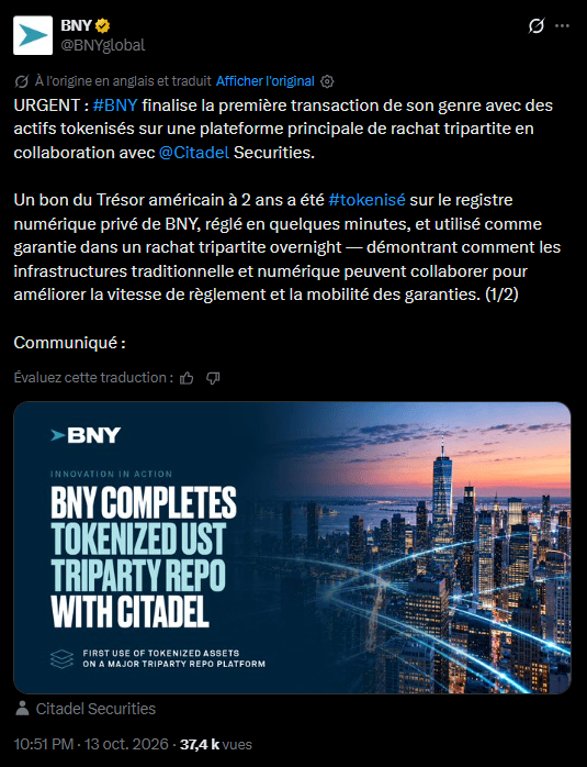 Un titre du Trésor réglé en quelques minutes : BNY passe à la tokenisation image 1