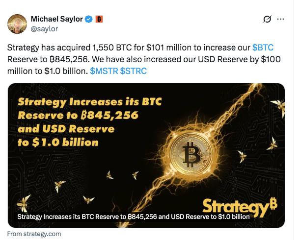 الاستراتيجية تشتري 1,550 عملة بيتكوين إضافية مع وصول حيازات البيتكوين إلى 845,256