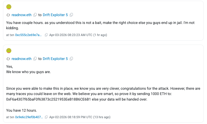 Drift envia mensagem onchain para carteiras ligadas ao exploit de $280 milhões